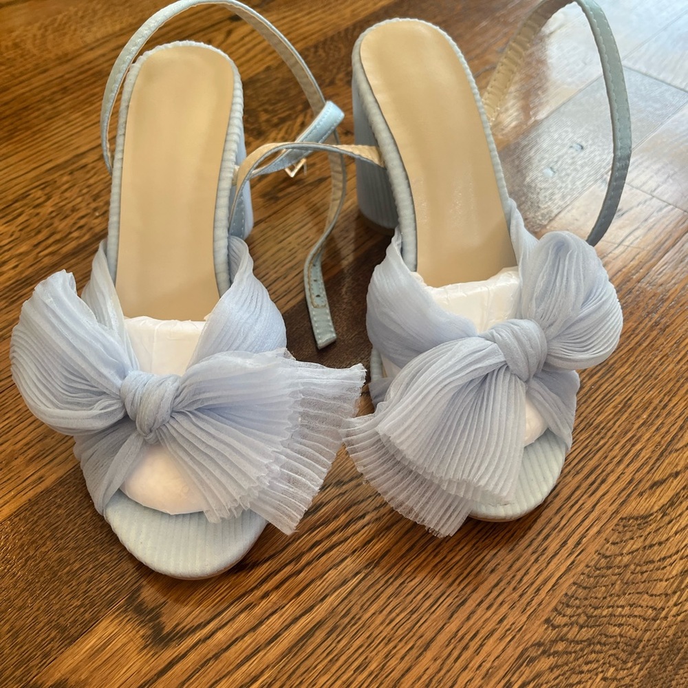 Block Heel Ankle Strap Pleated Bow Heels